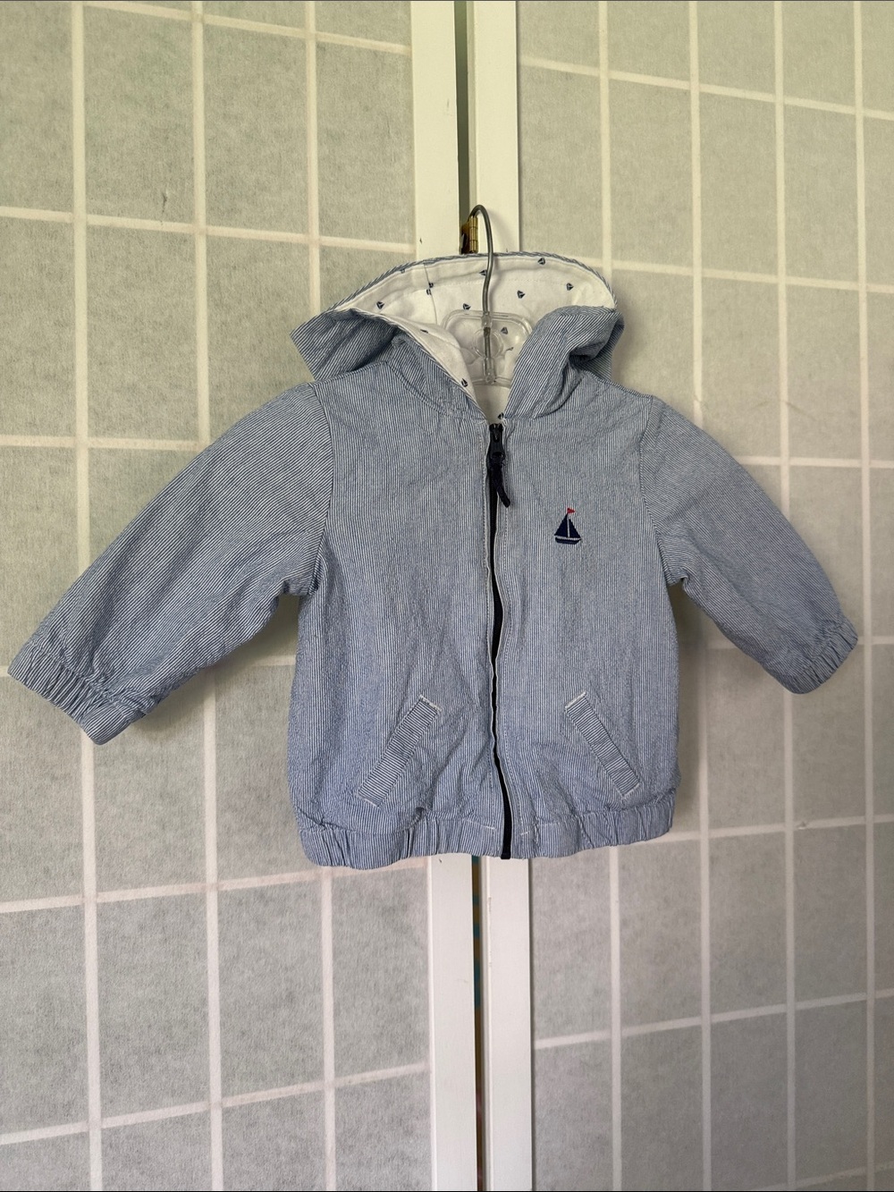 Light Blue Striped Hooded Baby Jacket with Sailboat Embroidery Size 9M